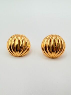 Monet Gold Tone Ribbed Clip On Earrings Vintage Dome